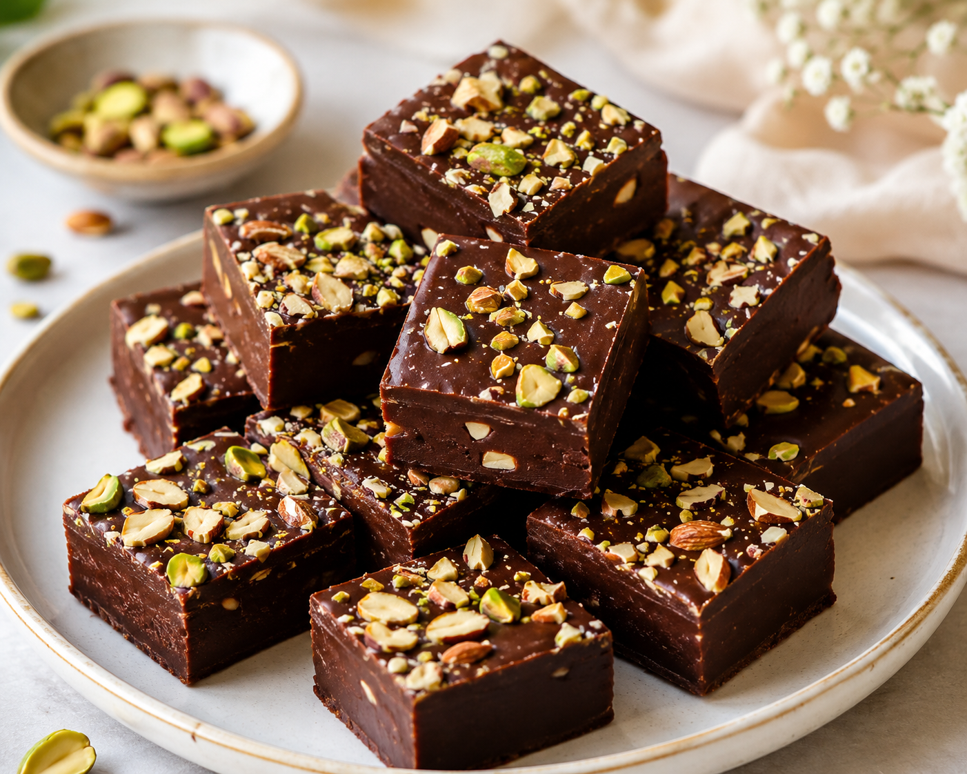 Squares of rich chocolate fudge topped with chopped pistachios and almonds on a white plate