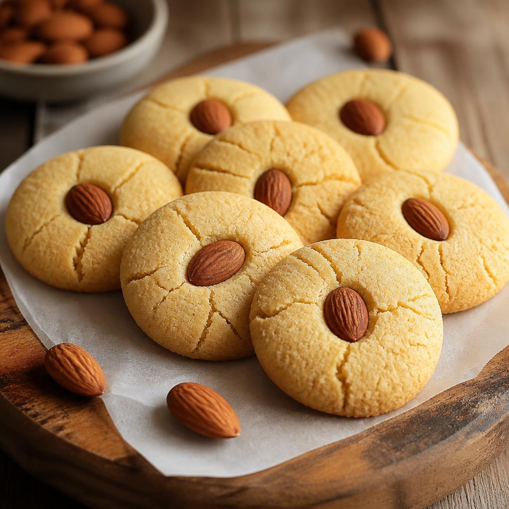 Eggless almond cookies with a whole almond pressed into each top on parchment