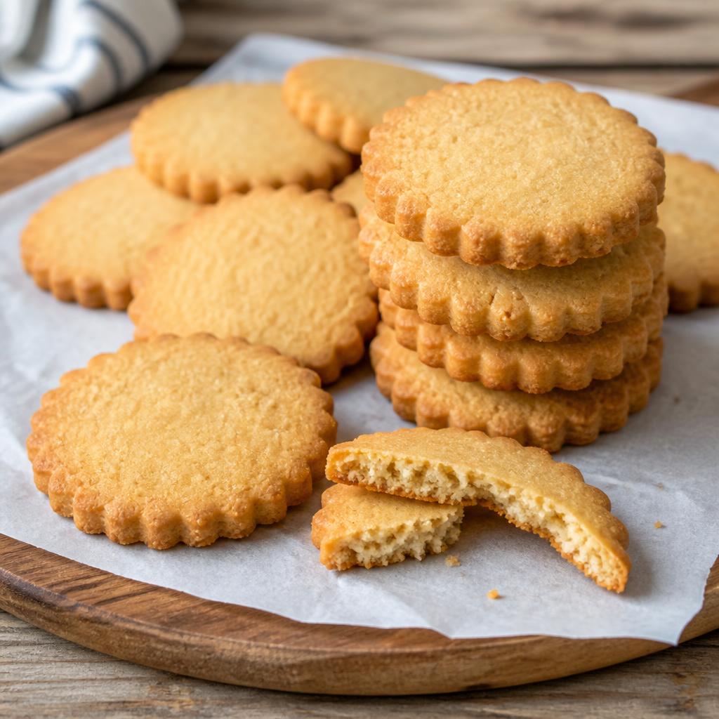 Golden eggless butter biscuits with fluted edges stacked on parchment