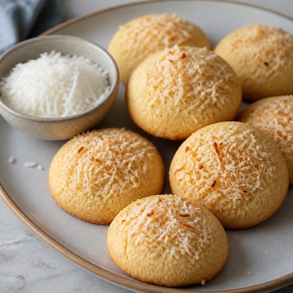 Eggless coconut cookies with desiccated coconut on top on a rustic plate