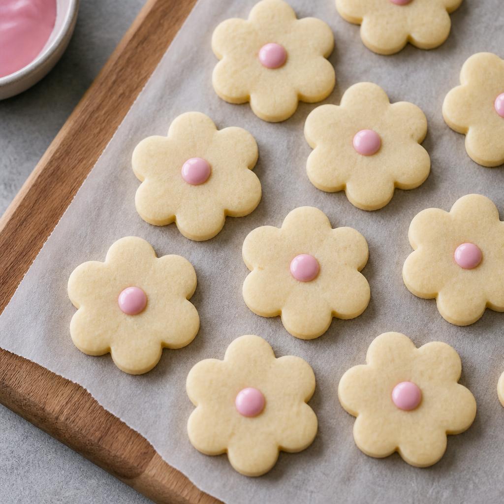 Eggless flower-shaped shortbread cookies with pale pink icing centres on parchment