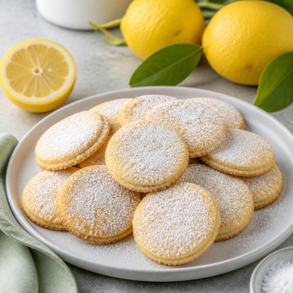 Eggless lemon shortbread biscuits dusted with icing sugar beside fresh lemons