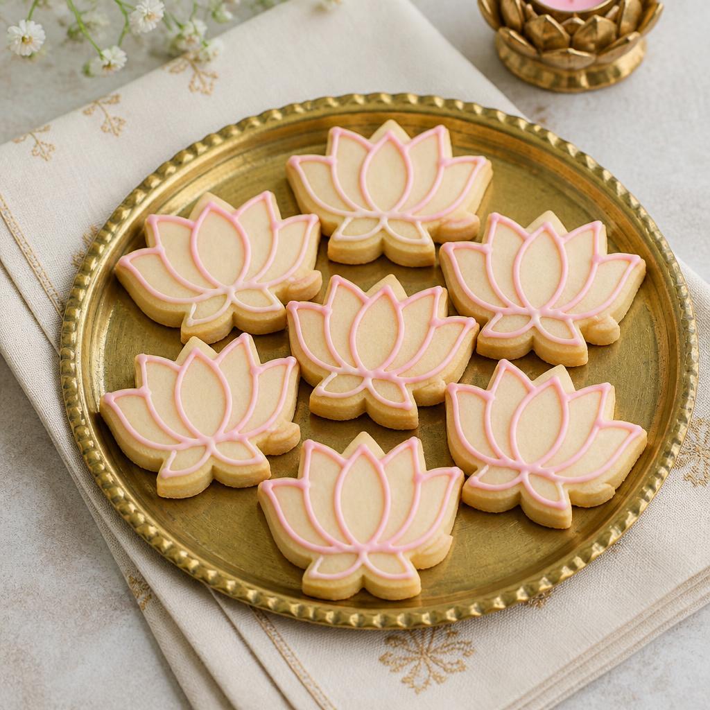 Eggless lotus-shaped shortbread with soft pink icing petals on a gold thali