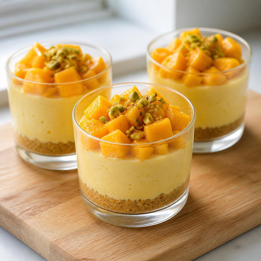 Eggless mango cheesecake cups in small glasses topped with fresh mango and saffron