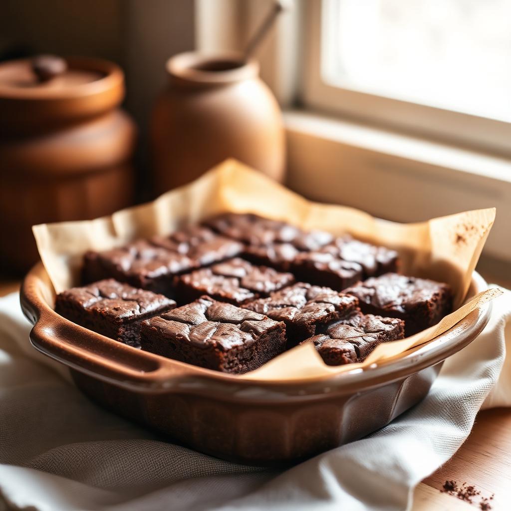 Eggless mini brownie bites with a shiny crackly top in a ceramic dish