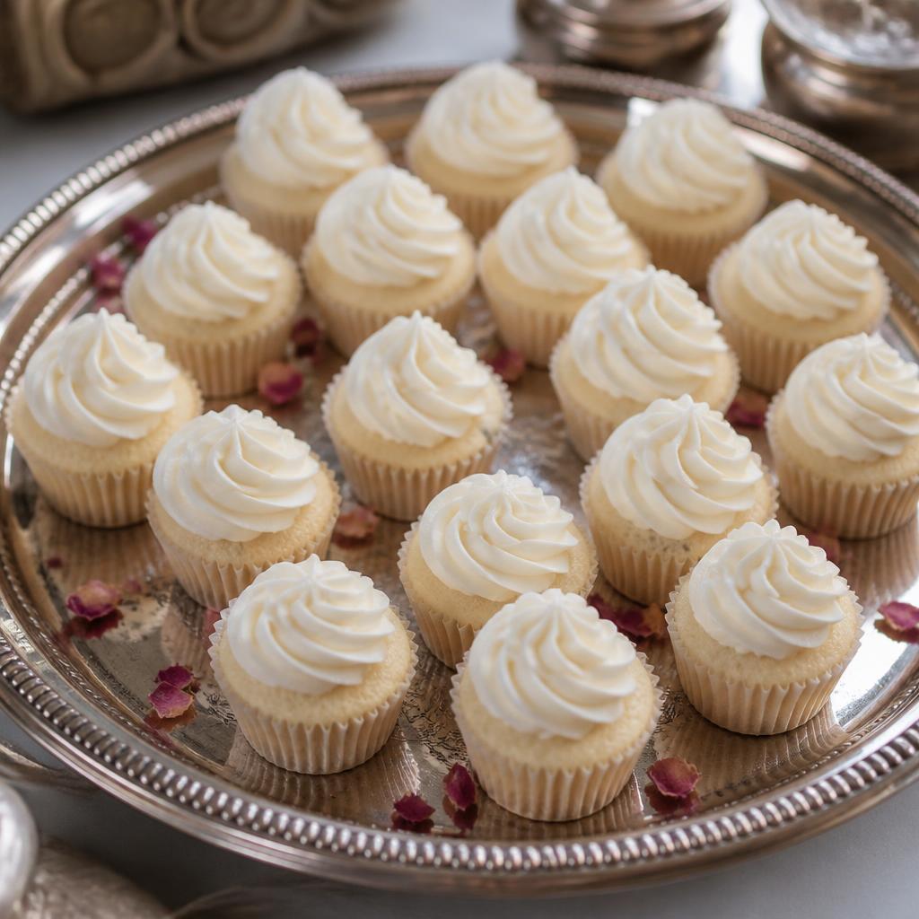 Eggless mini vanilla cupcakes with buttercream swirls and pastel sprinkles