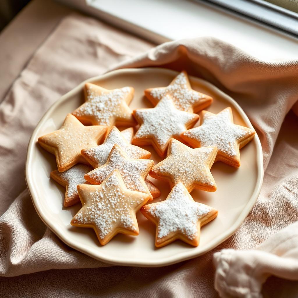 Eggless star-shaped vanilla biscuits dusted with icing sugar on a cream plate