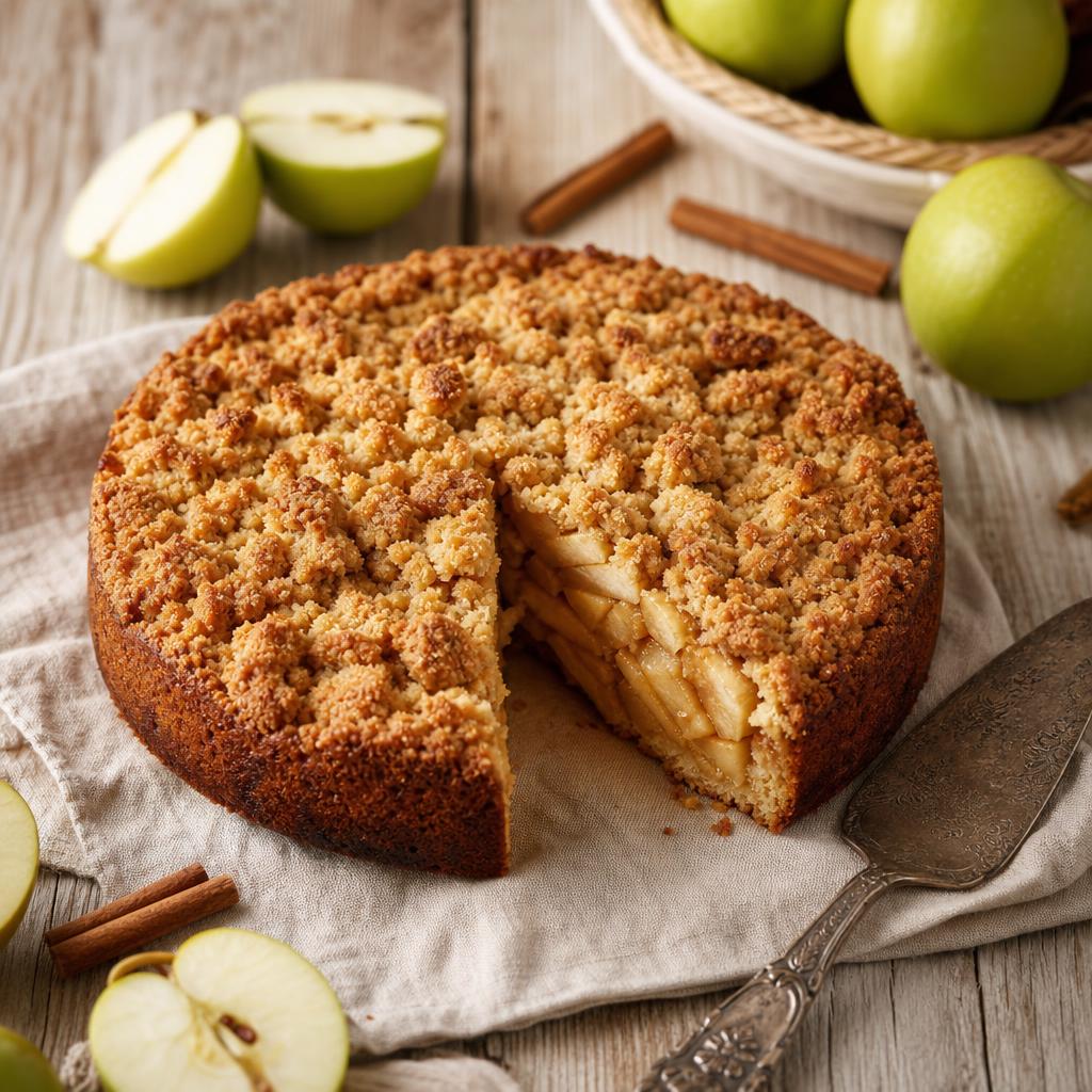 Rustic apple crumble cake with a buttery crumble topping, sliced to reveal apple layers
