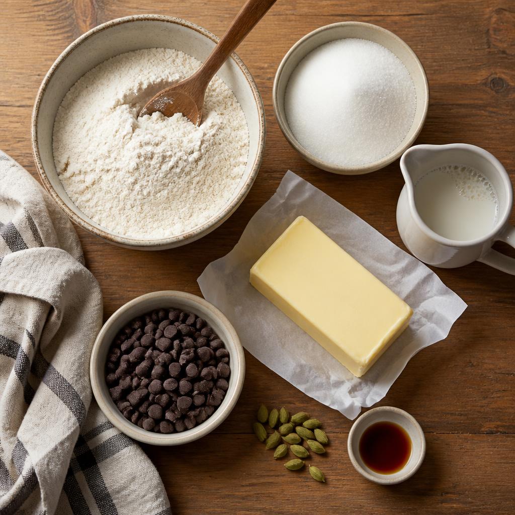Warm rustic baking ingredients: flour, cardamom, saffron and pistachios