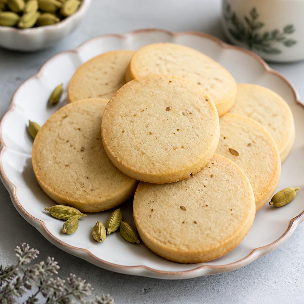 Pale golden eggless cardamom shortbread rounds on a scalloped plate with whole cardamom pods