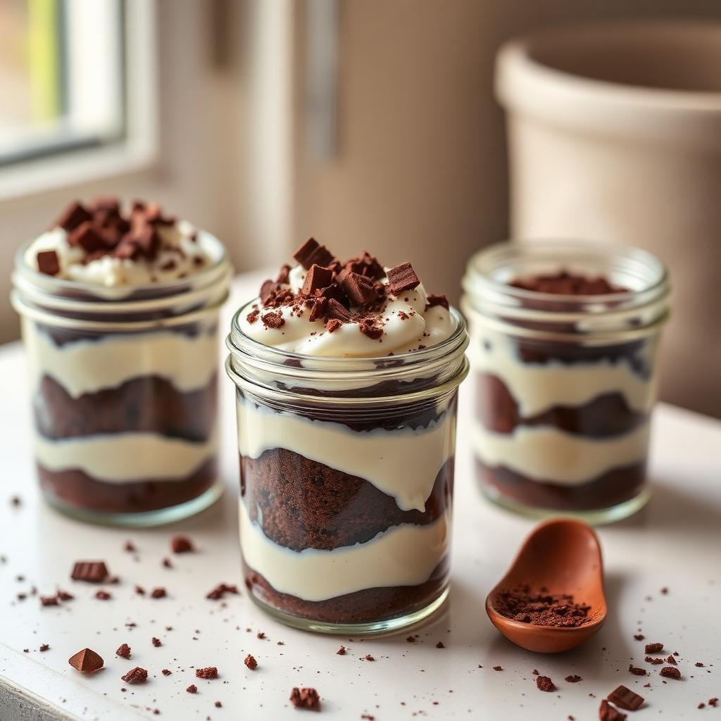 Eggless chocolate cake pots layered with cake and fresh cream in small glass jars