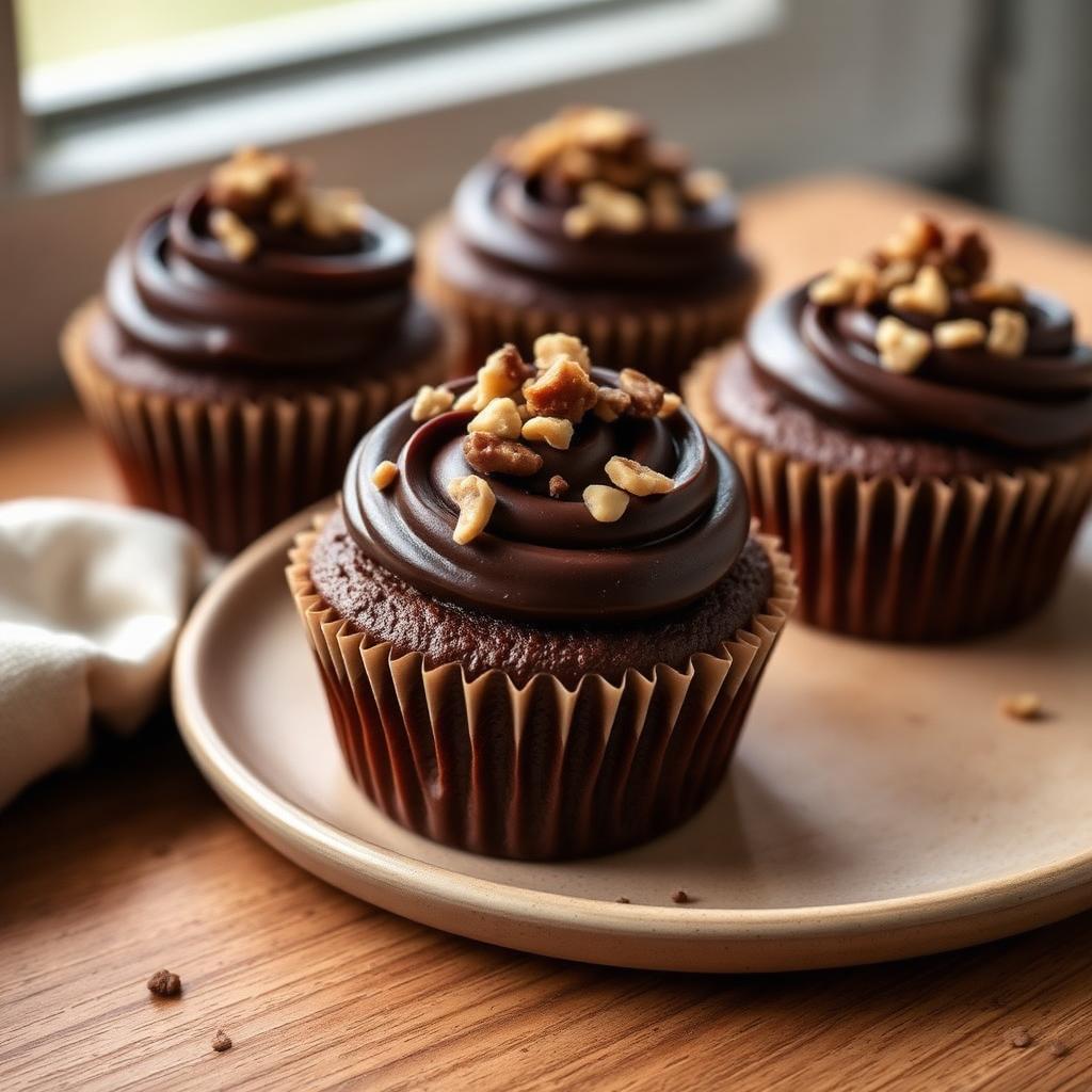 Chocolate cupcakes made with amaranth flour, topped with dark chocolate ganache