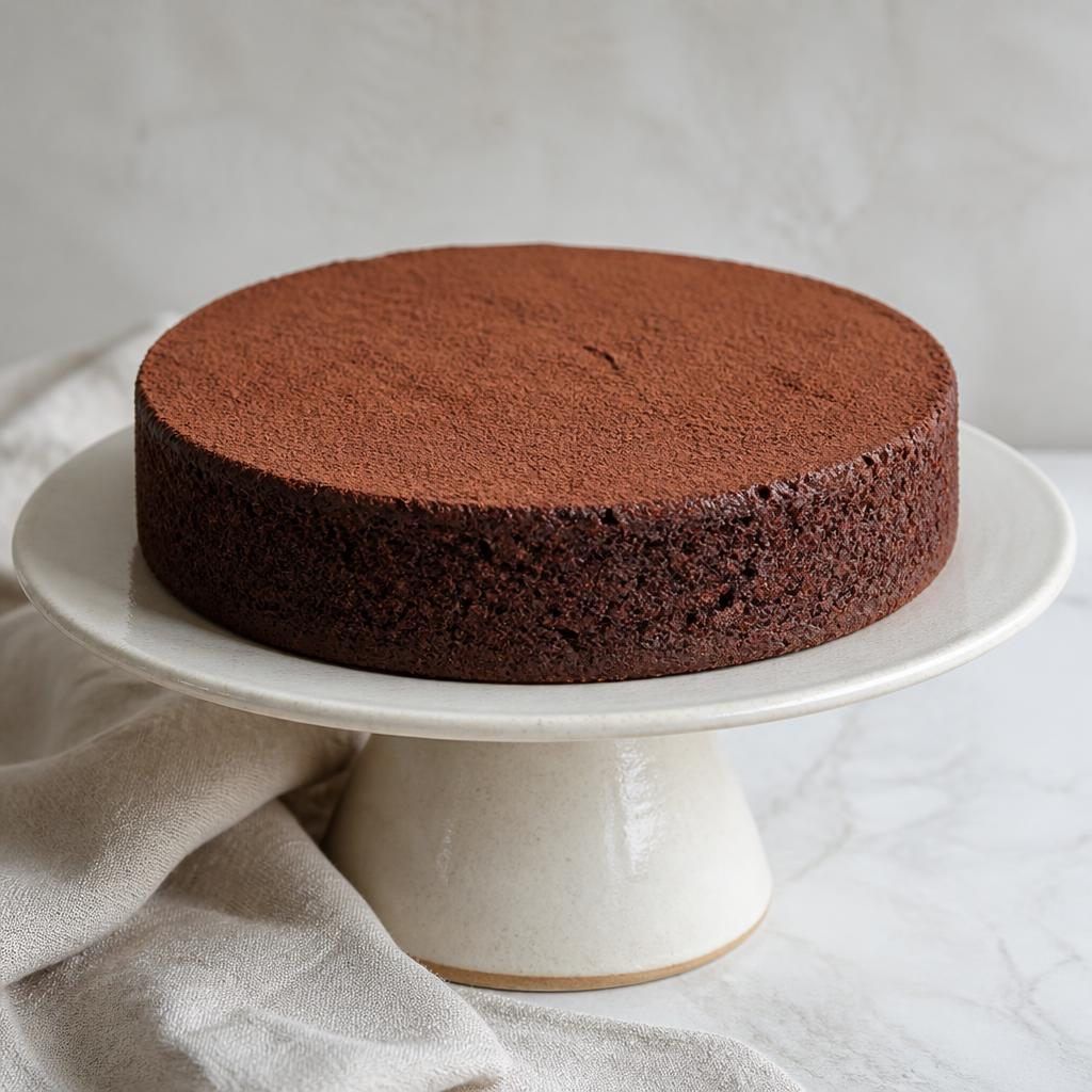 A round eggless chocolate sponge cake dusted with cocoa on a ceramic cake stand