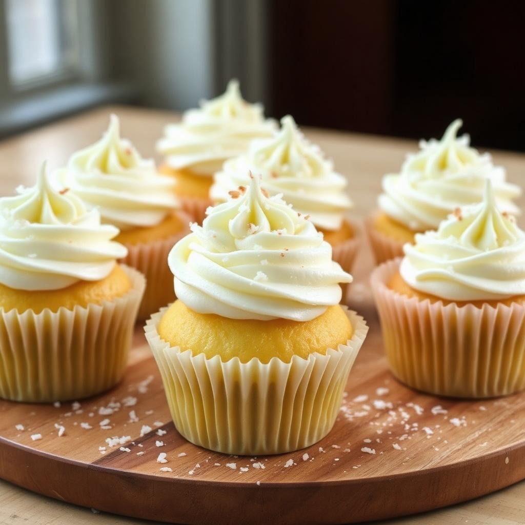 Eggless coconut cupcakes with white buttercream swirls dusted with desiccated coconut on a wooden board