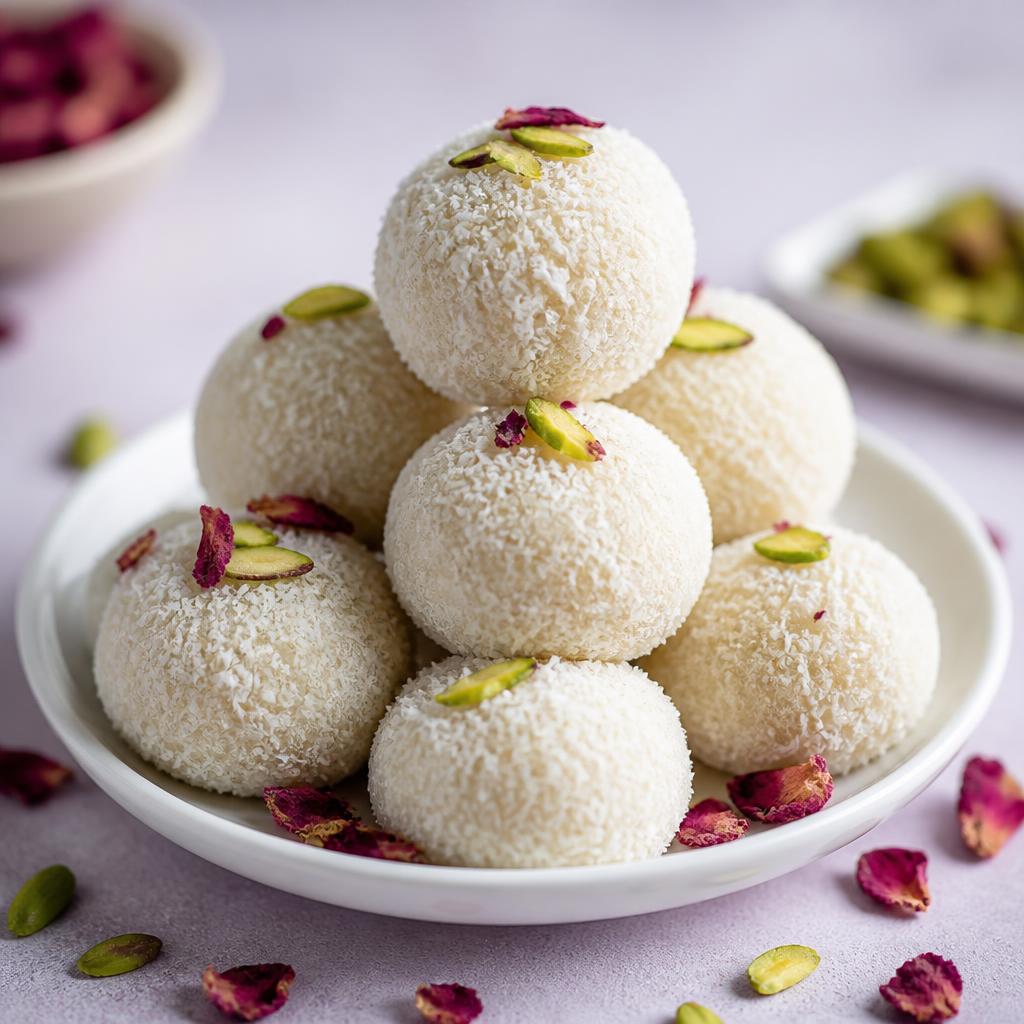 Coconut snowballs coated in desiccated coconut and topped with pistachio slivers on a white plate
