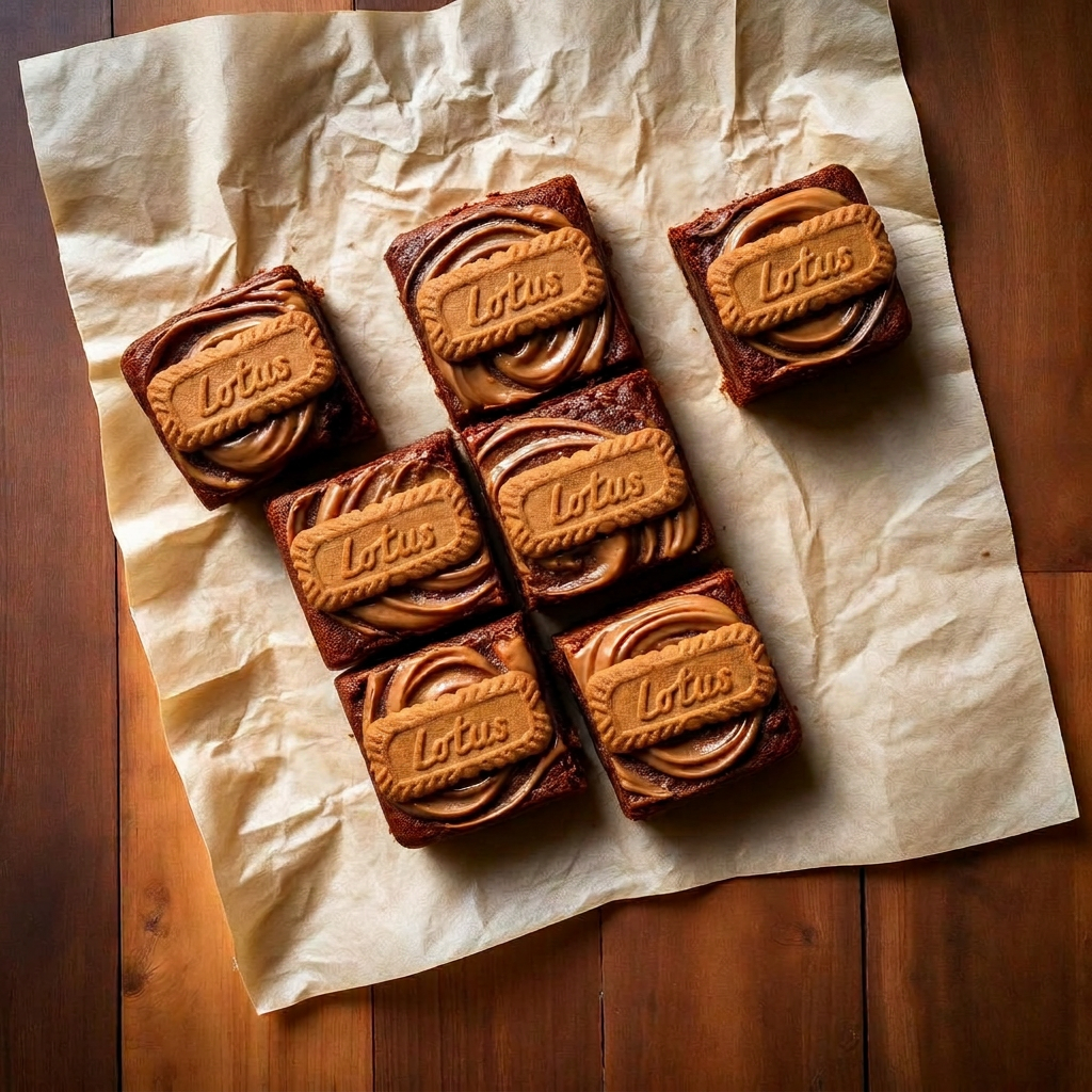 Eggless Biscoff brownies with a glossy Biscoff swirl and Lotus biscuits on top