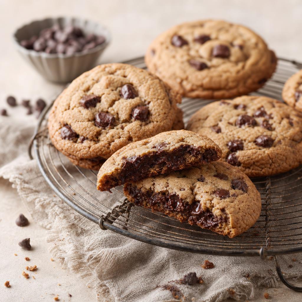 Eggless chocolate chip cookies on a cooling rack with melted chocolate chips