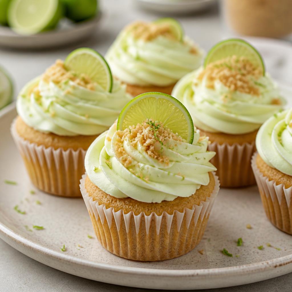 Eggless key lime pie cupcakes with pale green lime cheesecake frosting, biscuit crumbs and a lime slice