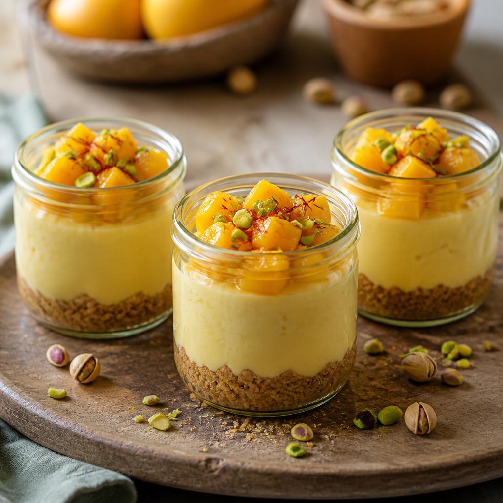 Eggless mango lassi cheesecake pots in glass jars with mango cubes, pistachios, saffron and mint
