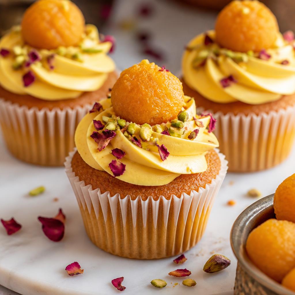Eggless motichoor ladoo cupcakes with saffron buttercream, half a ladoo on top, pistachios and rose petals