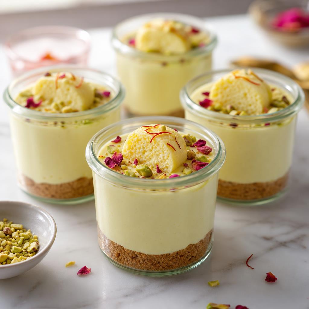Eggless rasmalai cheesecake pots in glass jars topped with pistachios, rose petals and saffron