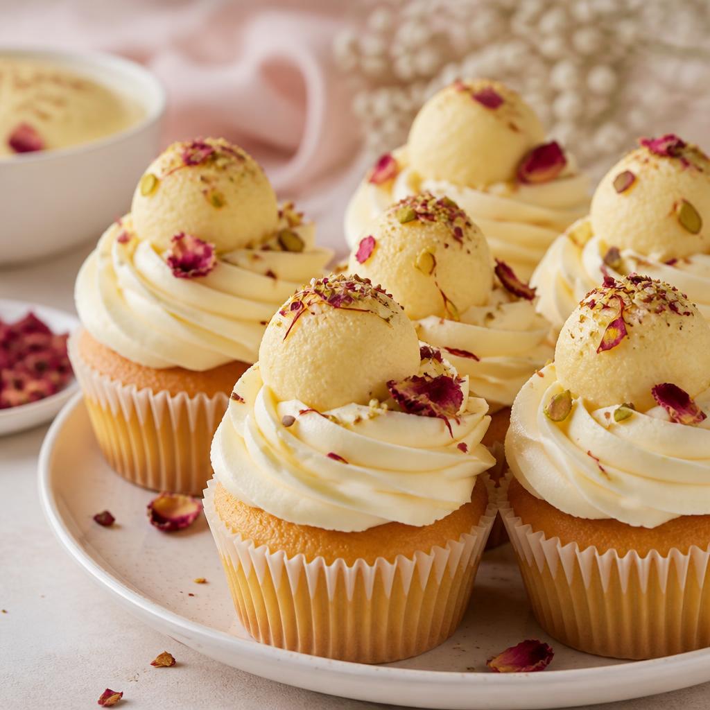 Eggless rasmalai cupcakes topped with cream cheese frosting, mini rasmalai, pistachios and rose petals