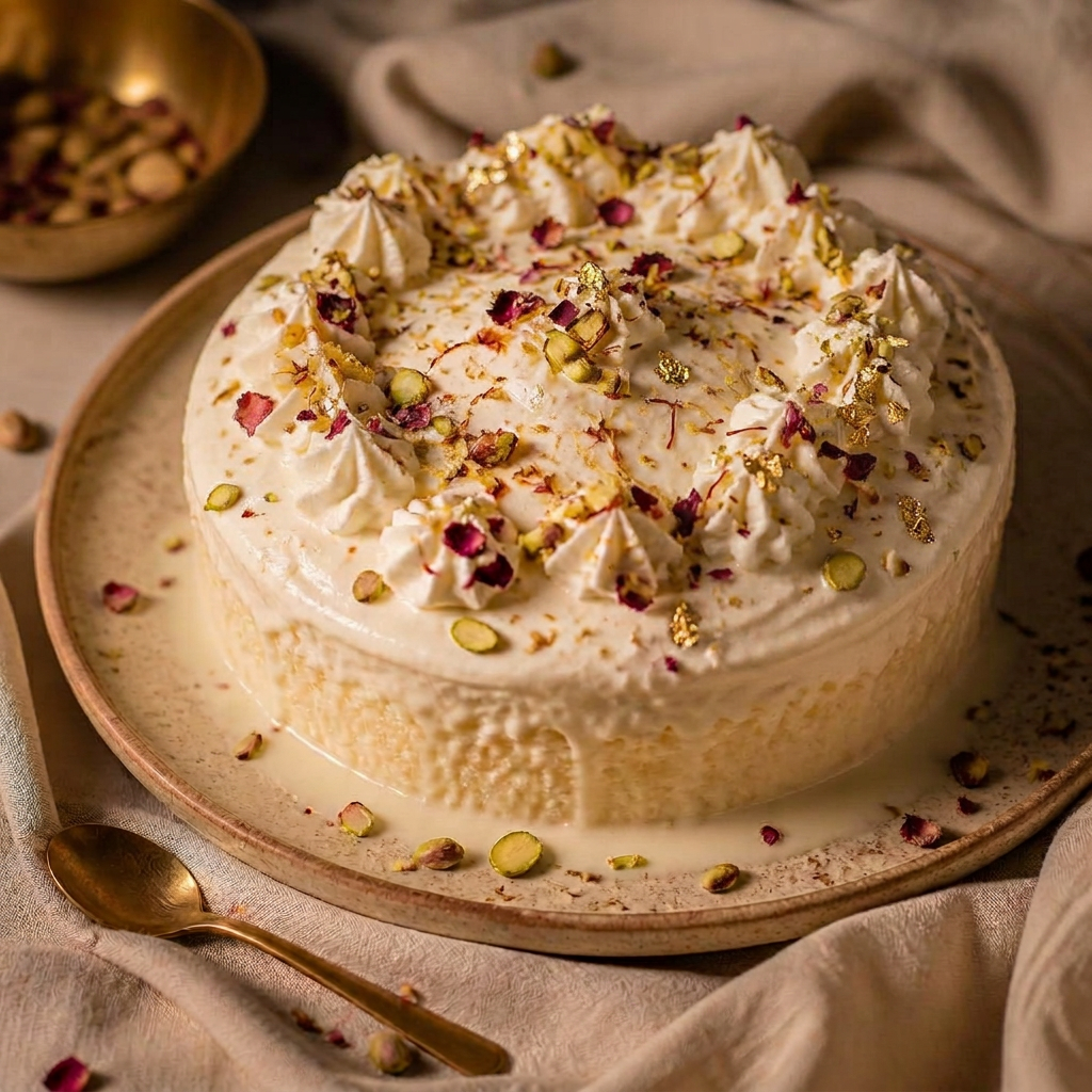 Slice of eggless rasmalai tres leches cake with whipped cream, halved rasmalai, pistachios, rose petals and saffron