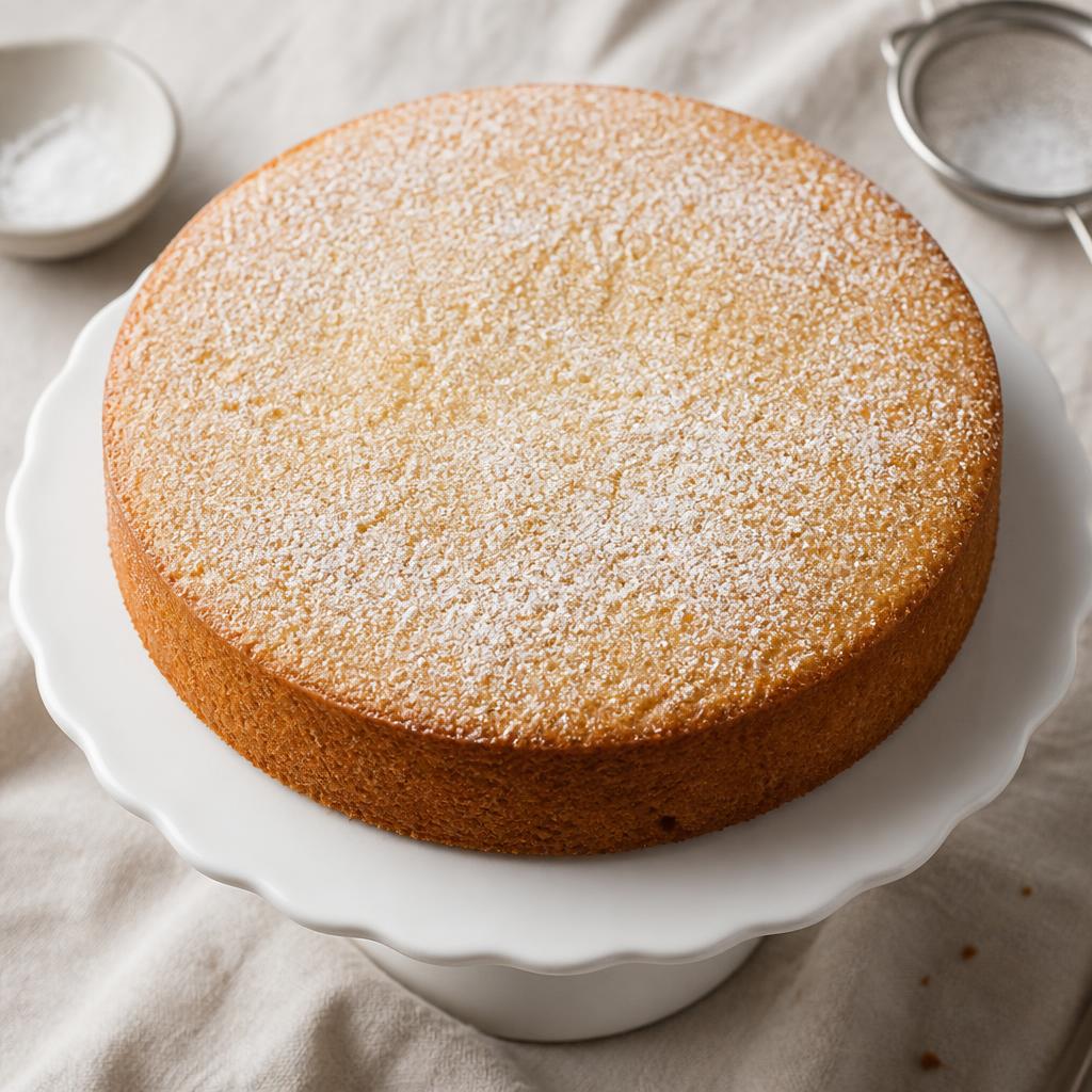 A round eggless vanilla cake on a ceramic cake stand with a slice cut
