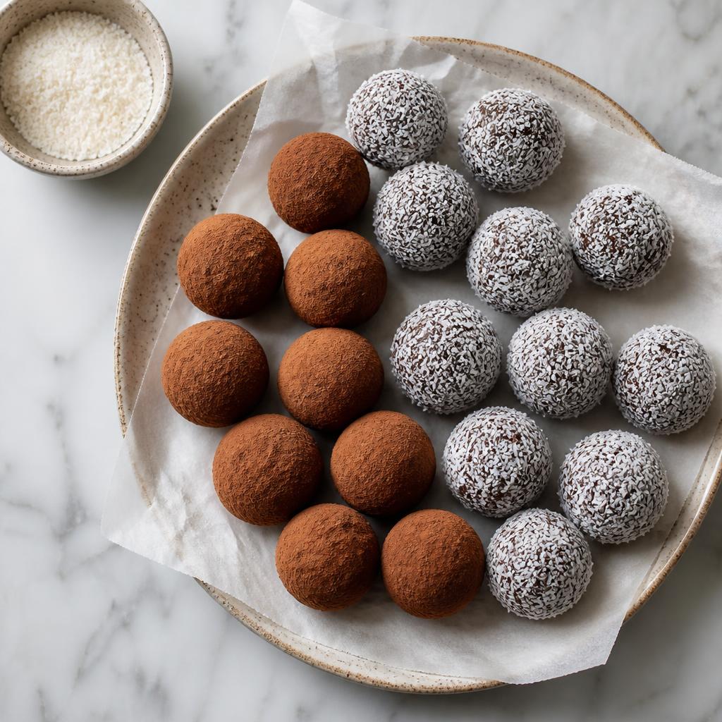 Chocolate coconut truffles rolled in desiccated coconut and cocoa powder, arranged on a ceramic plate