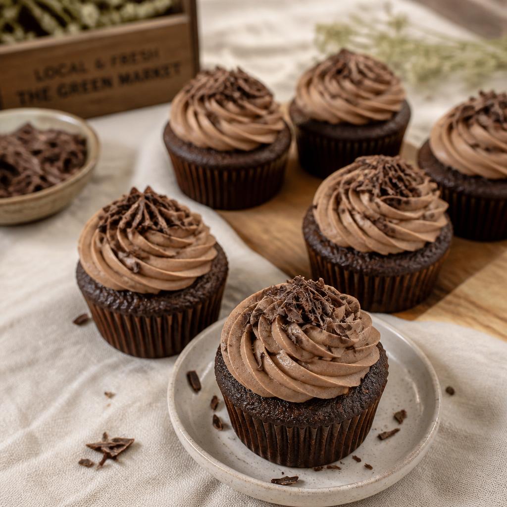 Ekadashi chocolate cream cupcakes topped with chocolate whipped cream and chocolate shavings