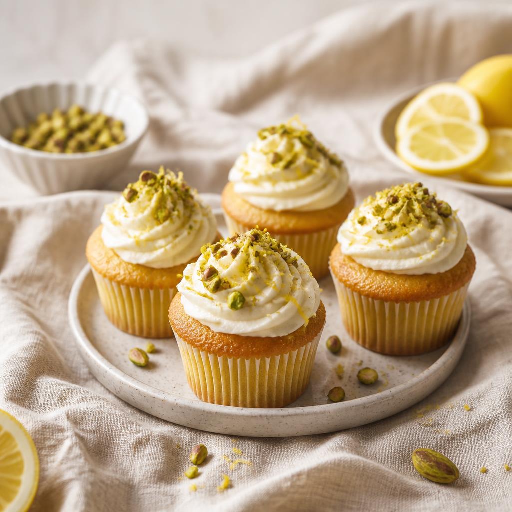 Ekadashi lemon and pistachio cupcakes topped with lemon whipped cream and chopped pistachios
