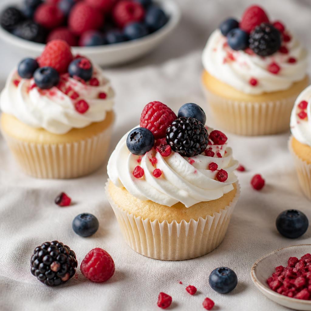 Ekadashi mixed berry cupcakes topped with whipped cream and freeze-dried berries