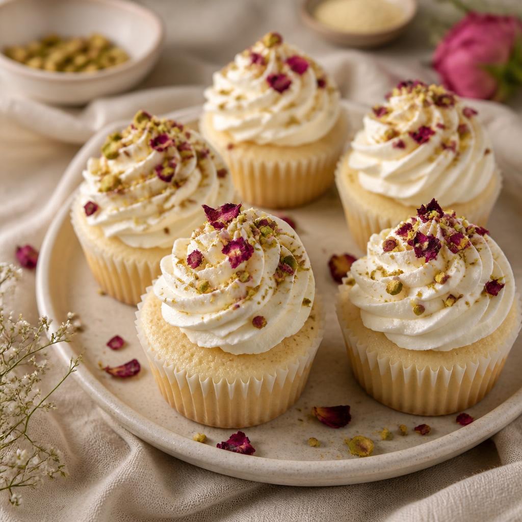 Ekadashi saffron cupcakes topped with whipped cream, pistachios and dried rose petals