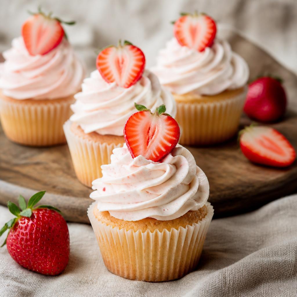 Ekadashi strawberry cream cupcakes topped with vanilla whipped cream and fresh strawberries