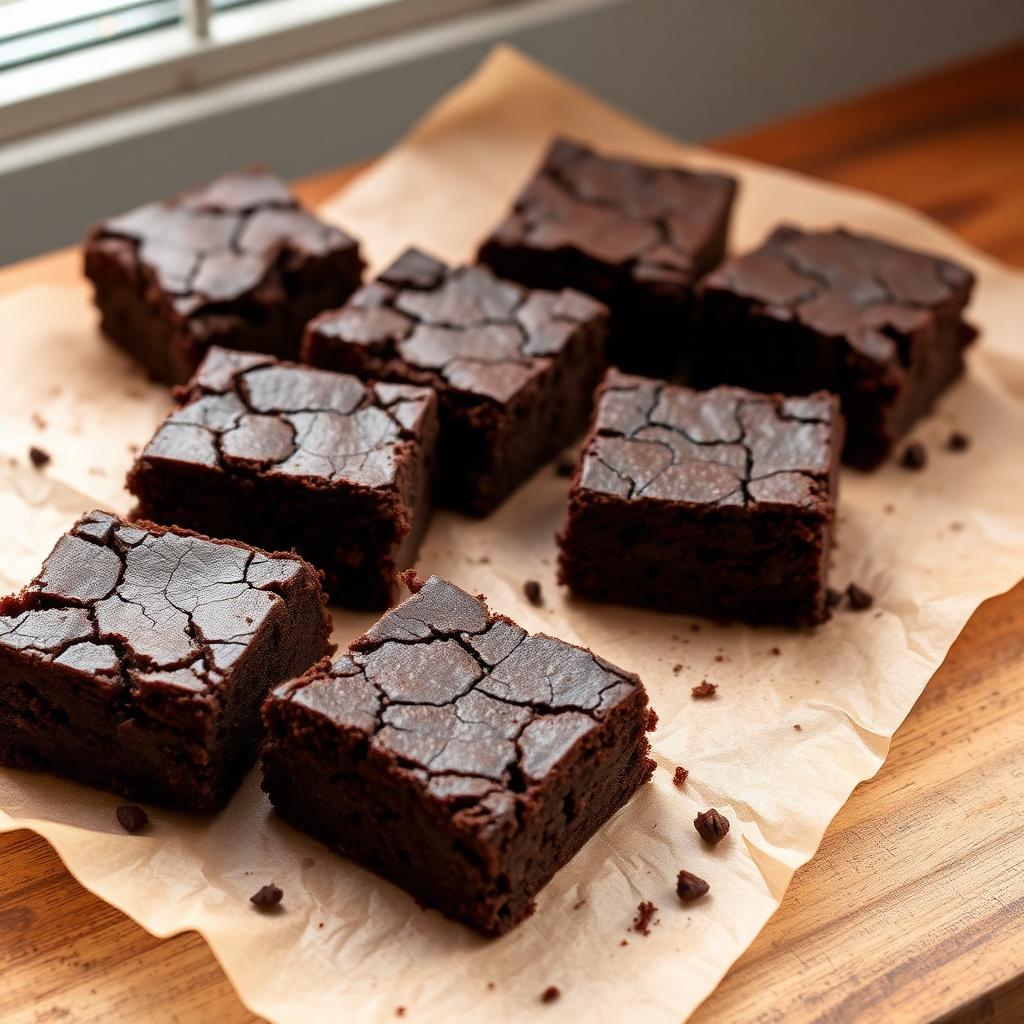 Eggless fudgy chocolate brownies with a crackly top, cut into squares