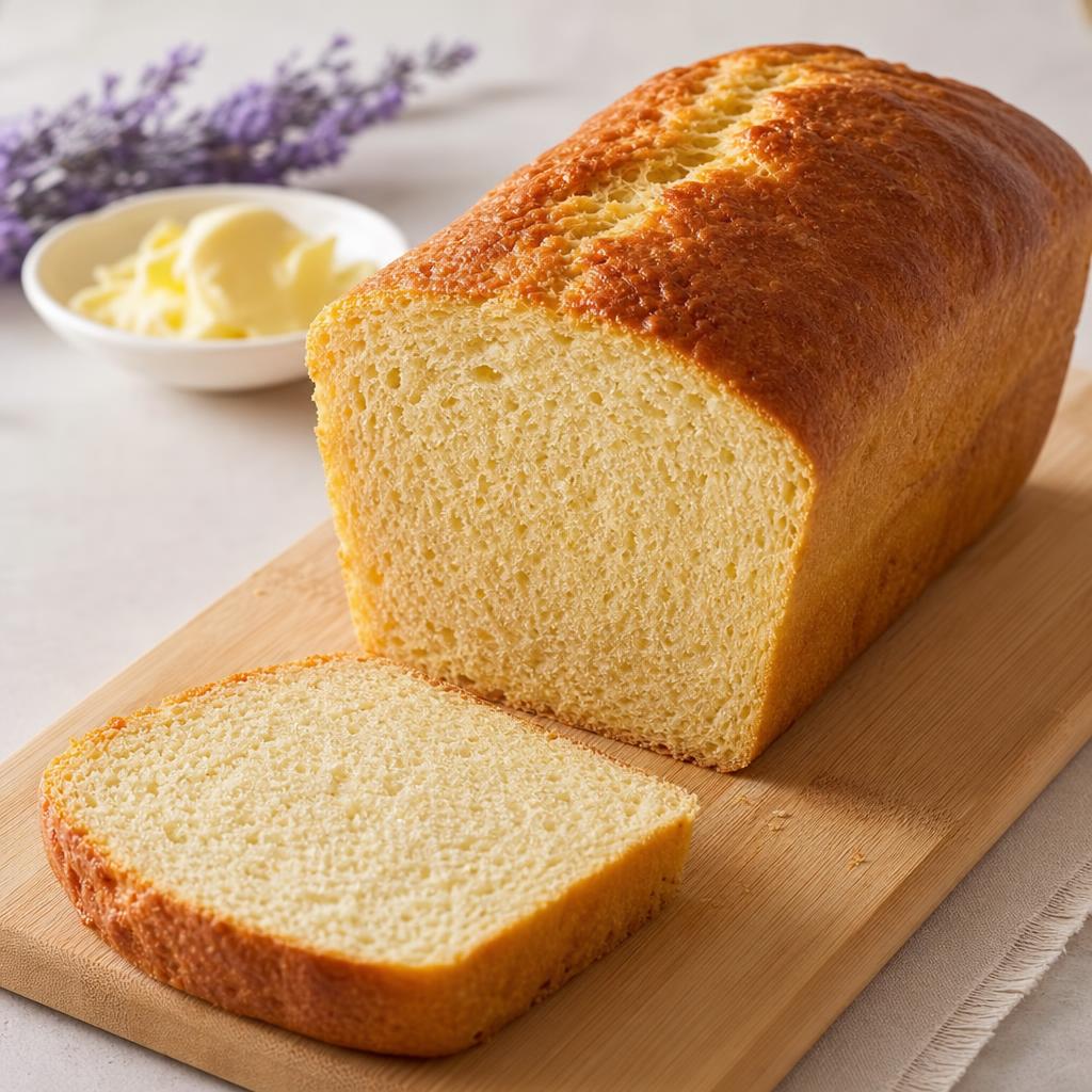 A golden-brown high-protein paneer bread loaf, partially sliced, showing a smooth, soft tender crumb on a wooden board with a small dish of butter