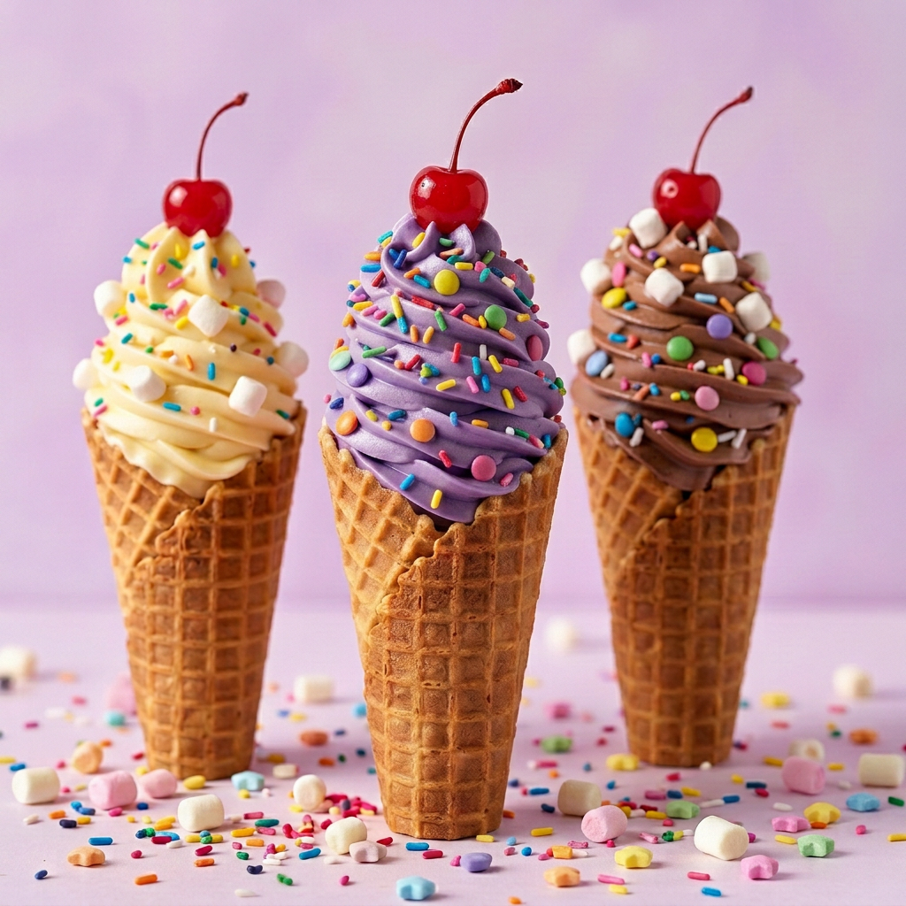 Three waffle-cone cupcakes topped with tall soft-serve swirls of pink strawberry, purple blueberry and chocolate buttercream with sprinkles and marshmallows