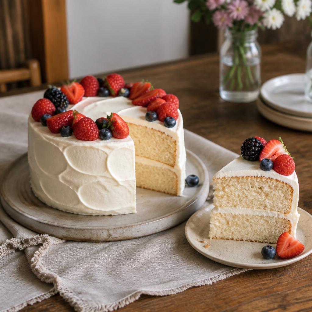 A homemade eggless vanilla layer cake topped with fresh berries