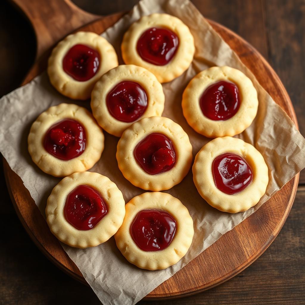 Eggless jam thumbprint cookies with raspberry jam centres on parchment on a wooden board