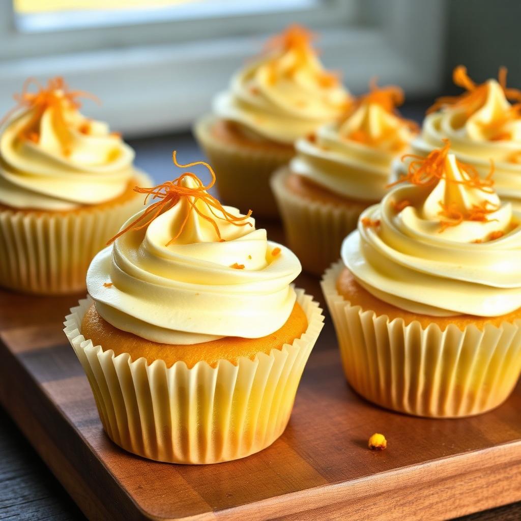 Eggless saffron cupcakes with saffron buttercream swirls topped with saffron strands and pistachio