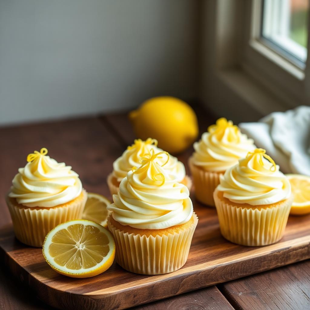 Eggless lemon cupcakes with pale yellow buttercream swirls topped with lemon zest curls