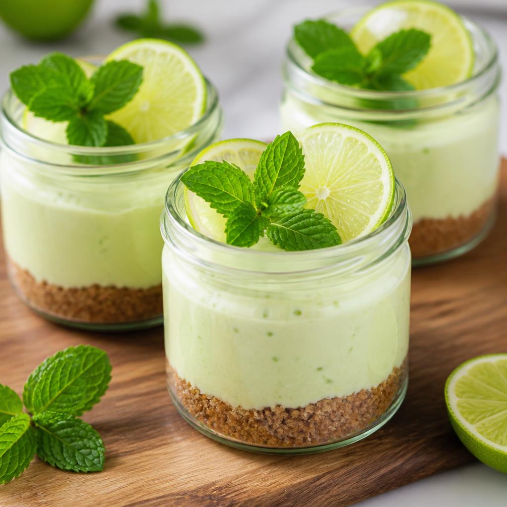 No bake lime and mint cheesecake cups in glass jars with lime and mint garnish