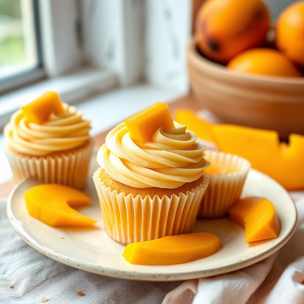 Eggless mango cupcakes with mango buttercream swirls topped with fresh mango cubes