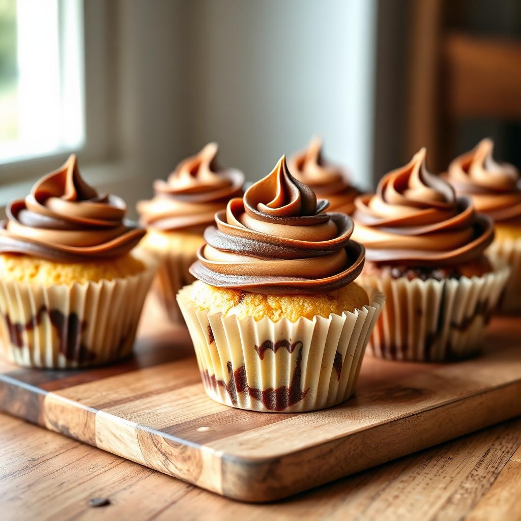 Eggless marble cupcakes with vanilla and chocolate swirled buttercream on a wooden board