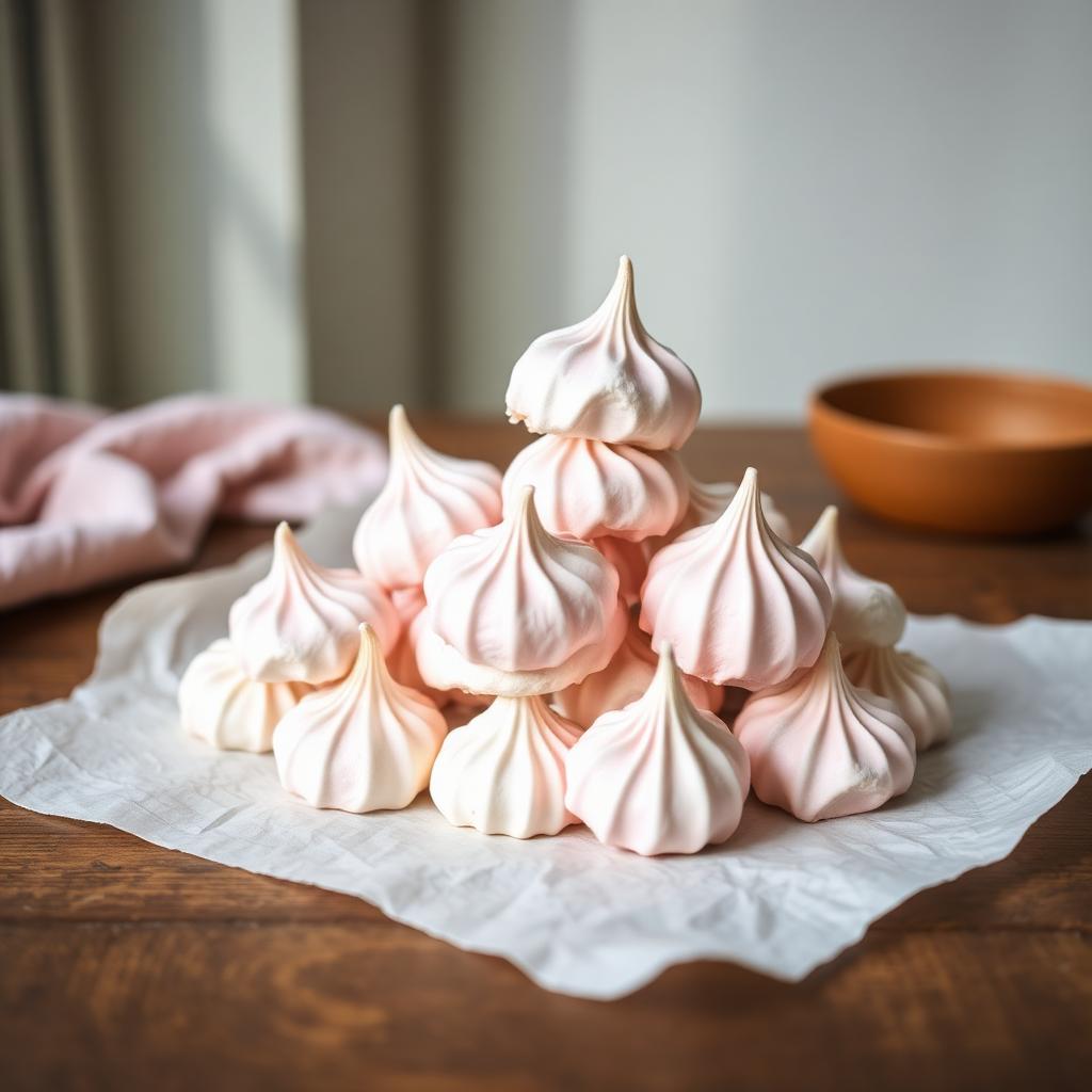 Pastel pink and white eggless meringue kisses piled on parchment paper