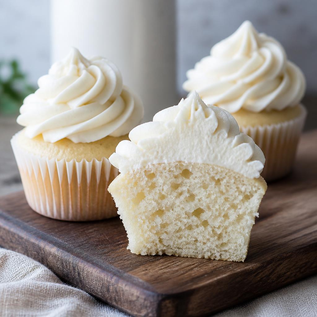 Moist eggless vanilla cupcakes on a linen napkin