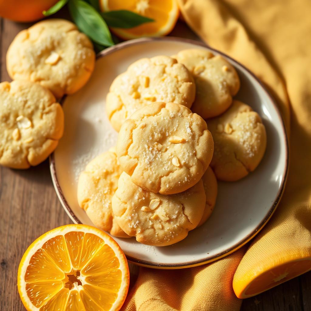 Eggless orange cardamom cookies dusted with sugar on a plate with fresh orange slices