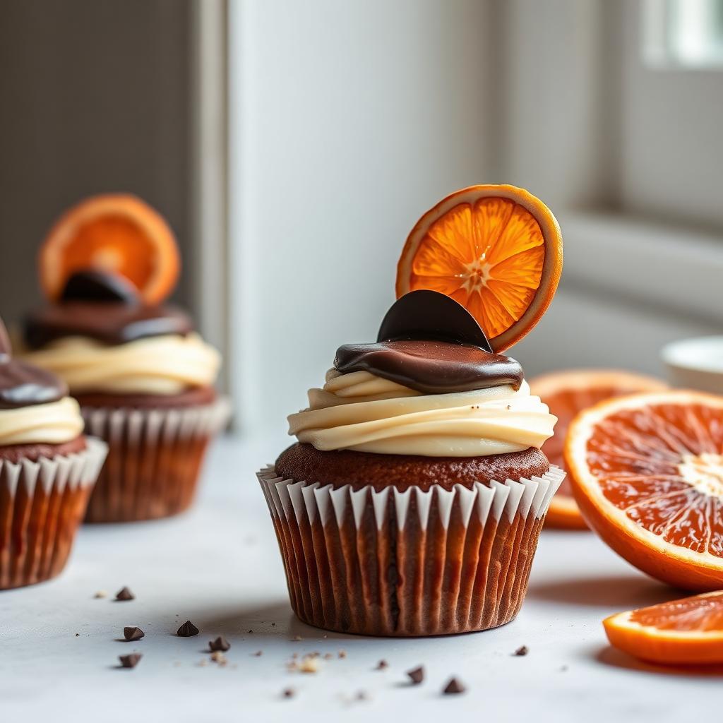 Eggless orange chocolate cupcakes topped with dark chocolate ganache and a chocolate orange slice