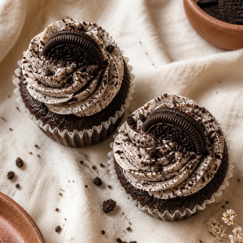 Eggless Oreo cupcakes topped with cookies and cream frosting and a mini Oreo