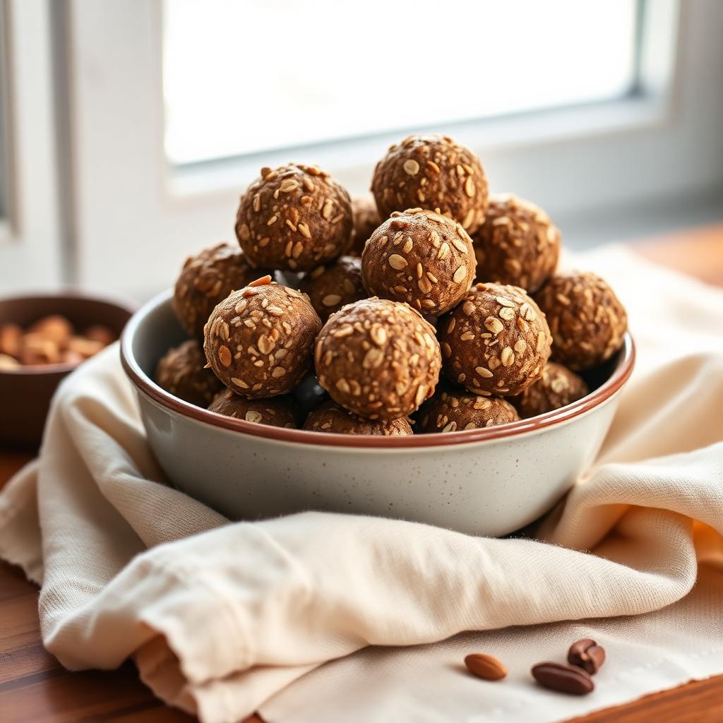 Natural protein ladoos made with oats, nuts, seeds and dates in a ceramic bowl